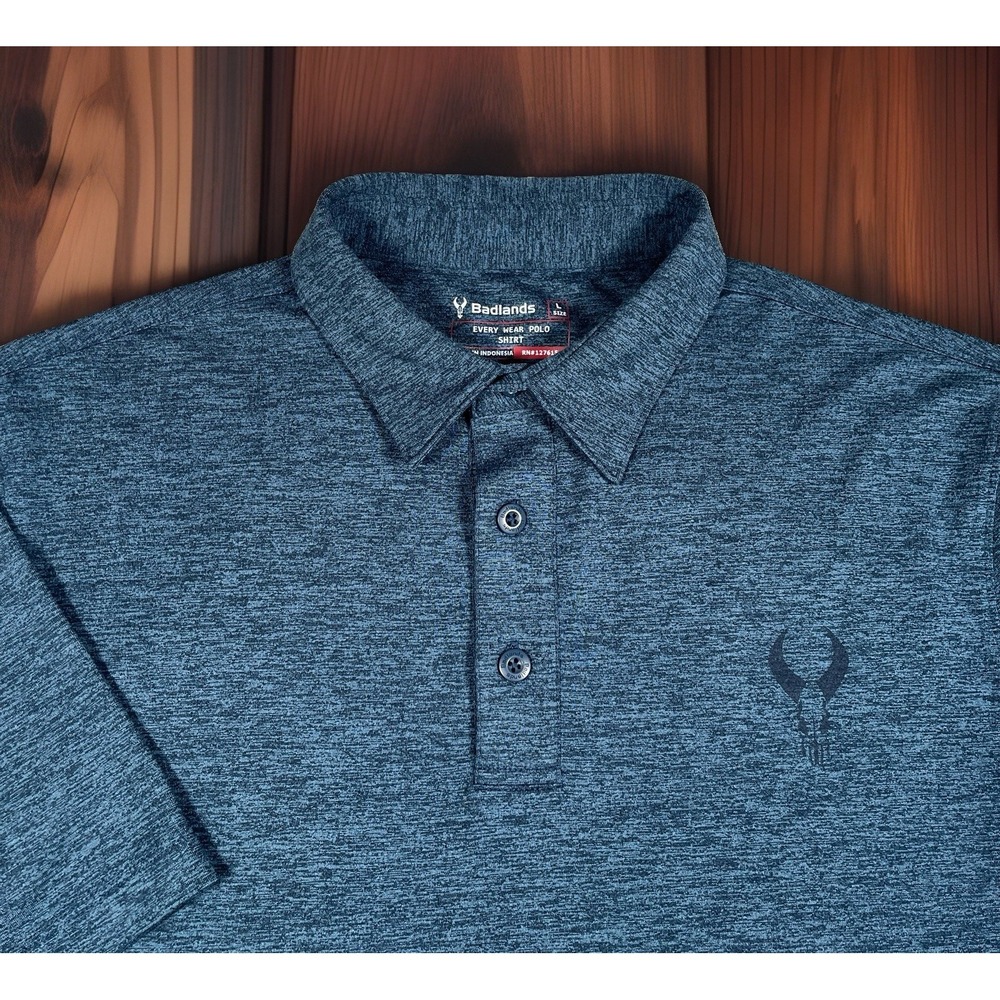 Badlands Every Wear Polo Shirt Mens L Blue Hunting Camp Heathered *EUC